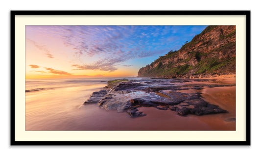 Bungan Beach sunrise on Sydney’s Northern Beaches — fine art coastal landscape print black frame