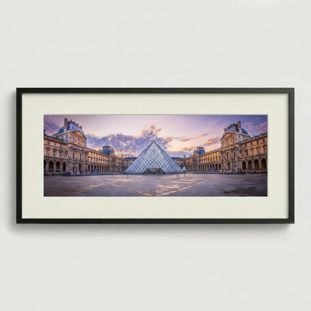 The Louvre museum architecture in Paris with courtyard perspective — fine art cityscape print