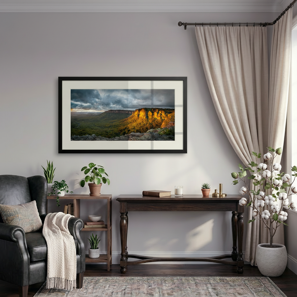 Living room with a framed landscape print on the wall, a desk, and decorative plants.