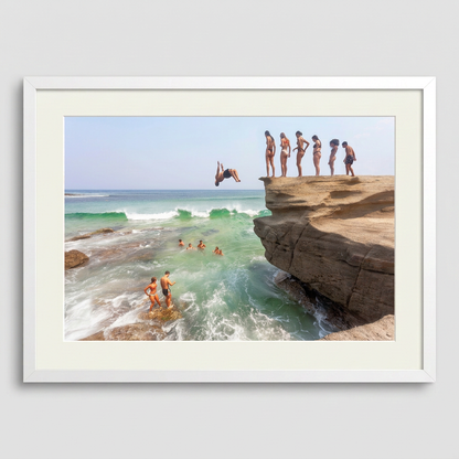 Australia Day beach jumpers diving into ocean Australian summer coastal scene
