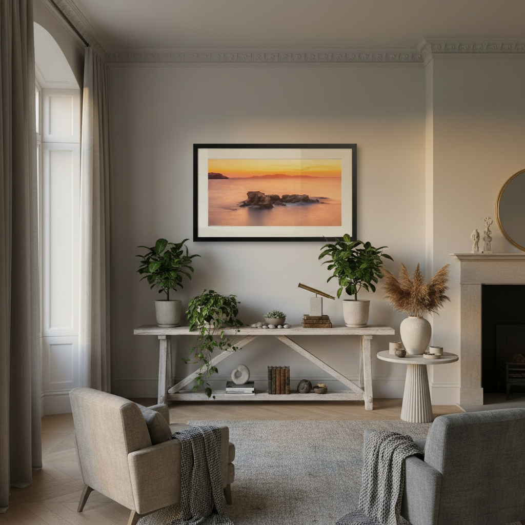 Living room with a framed artwork on the wall, a console table with plants and decor, and a fireplace. A photograph depicting a sunset over the Aegean Sea from Antiparos, Greece, with a rock formation in the foreground.