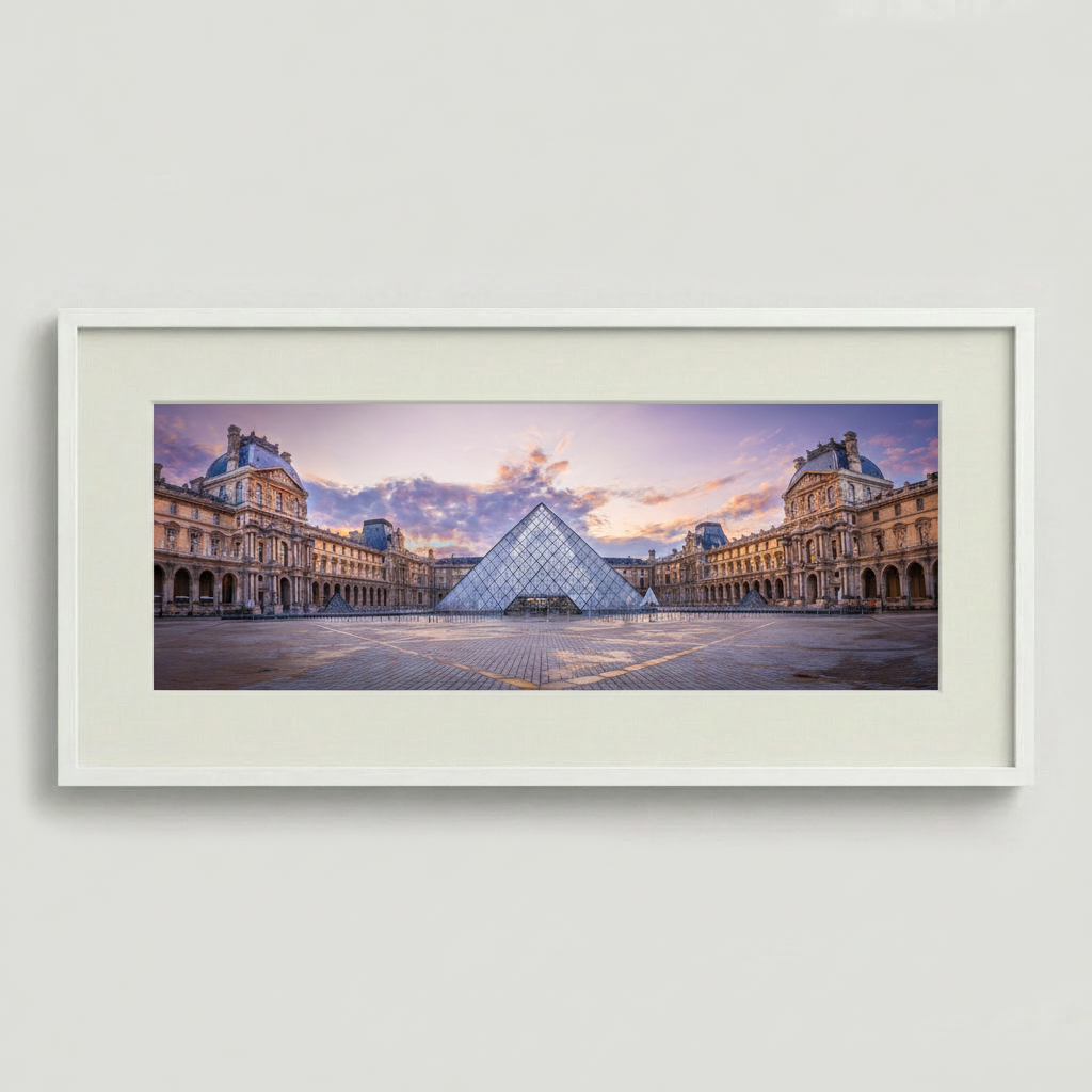 The Louvre museum architecture in Paris with courtyard perspective — fine art cityscape print