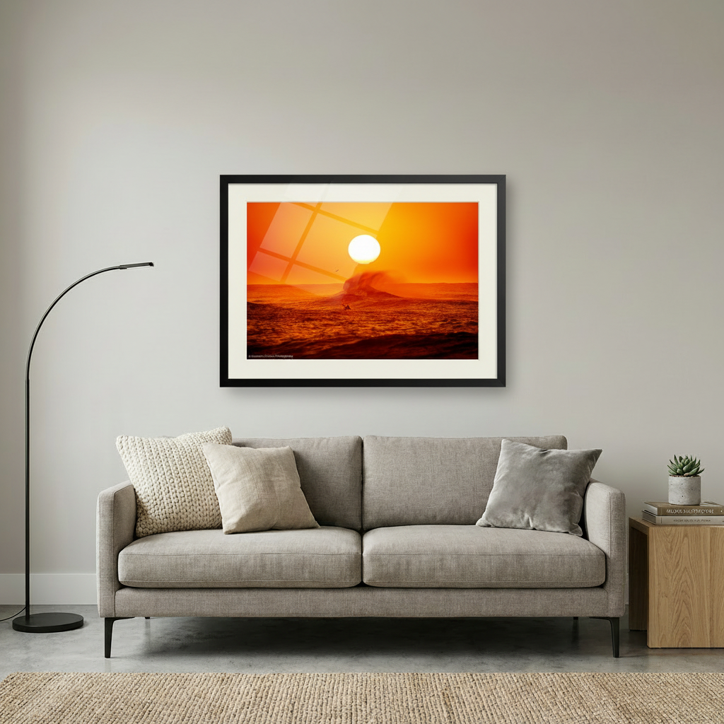 Framed artwork of a sunset over the ocean with a surfer and wave. Northern Beaches Sydney Long Reef