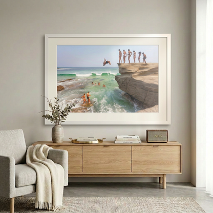 Australia Day beach jumpers diving into ocean Australian summer coastal scene