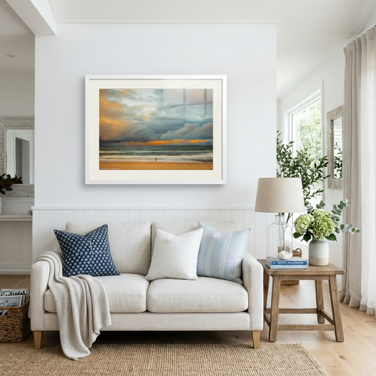 Soft pastel-coloured waves rolling onto shore — Northern Beaches coastal fine art print. Minimalist ocean waves with soft pastel gradients and gentle motion