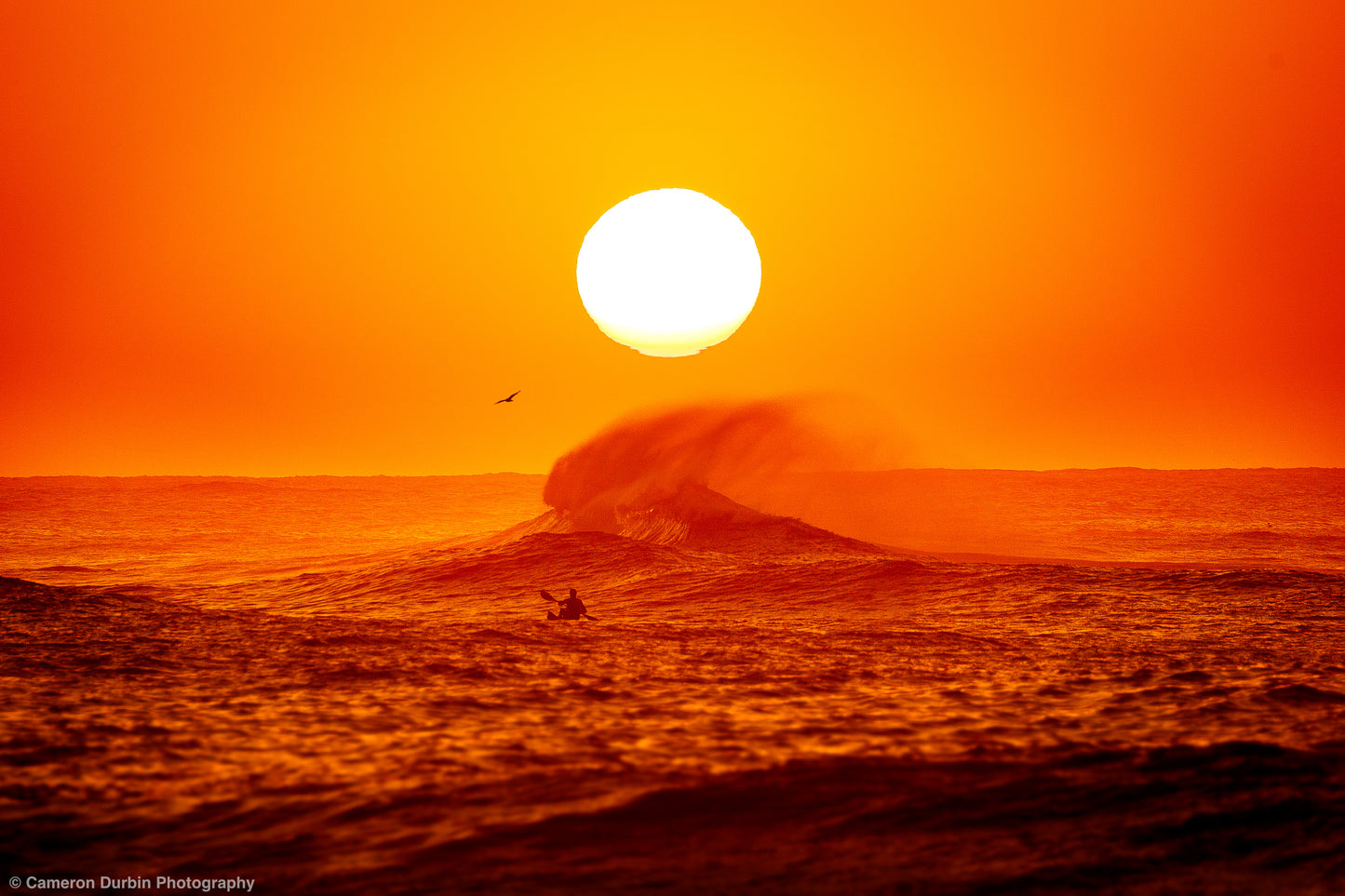 Framed artwork of a sunset over the ocean with a surfer and wave. Northern Beaches Sydney Long Reef