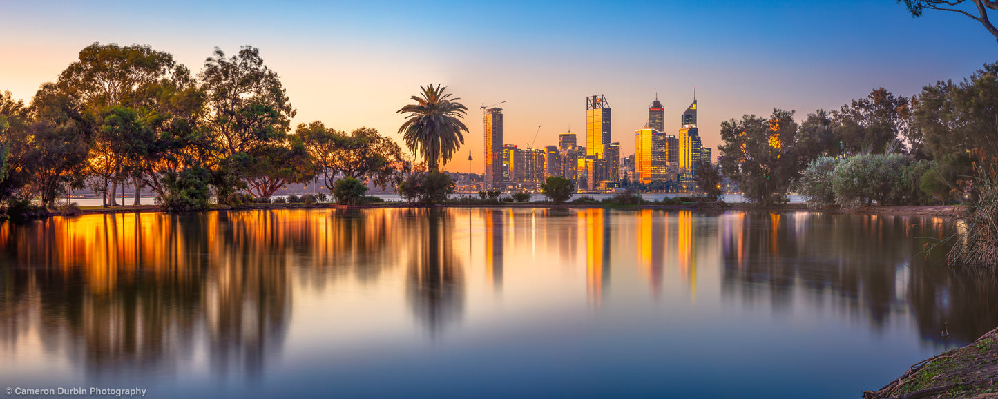 Perth skyline golden reflections sunset cityscape fine art print Western Australia