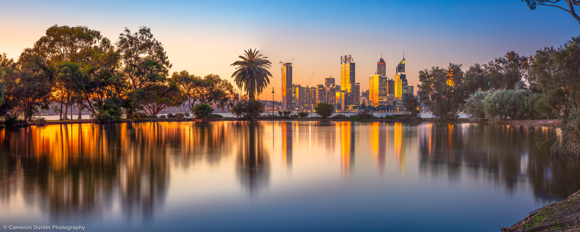 Perth skyline golden reflections sunset cityscape fine art print Western Australia