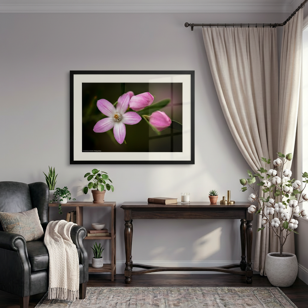 Living room with a framed flower picture on the wall, a desk, and decorative plants.