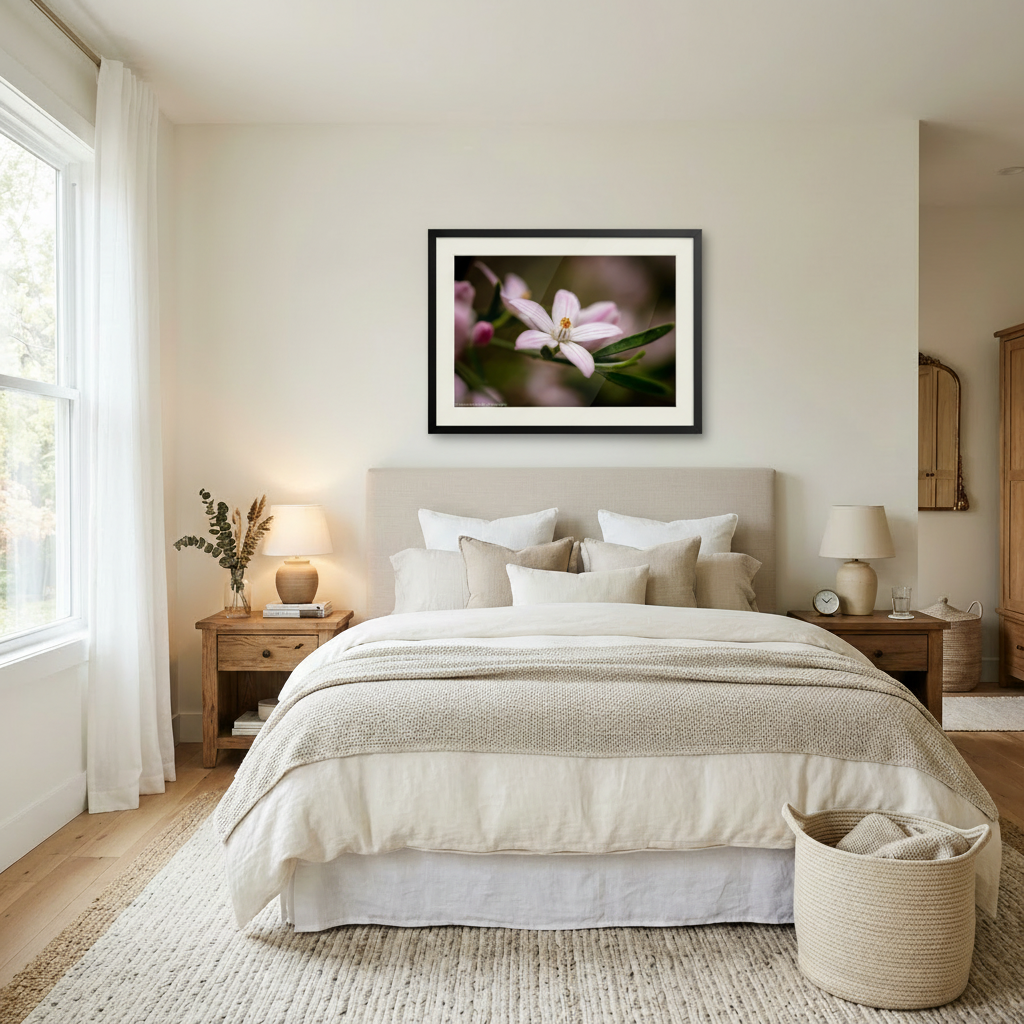 Neatly made bed in a bedroom with a floral painting on the wall.