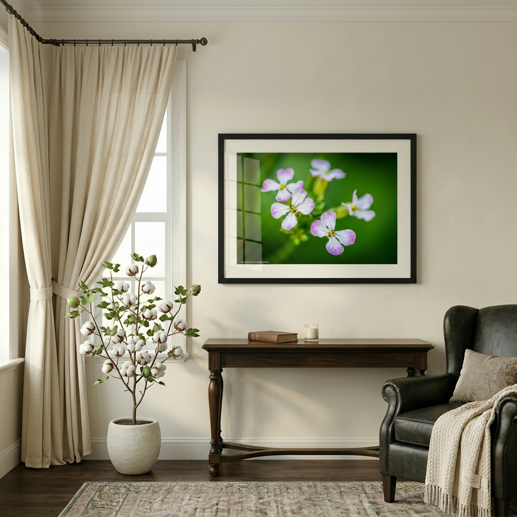 Flowers of the Radish Plant in details with close up of the petals in a beautiful frame