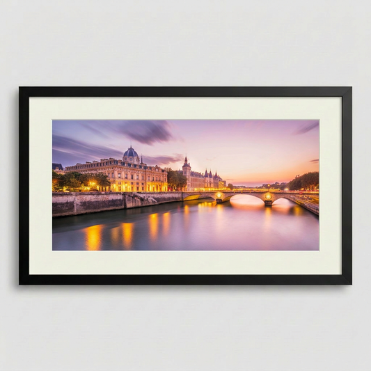 Sunset along the Seine in Saint-Germain Paris with warm evening light — fine art framed print black frame