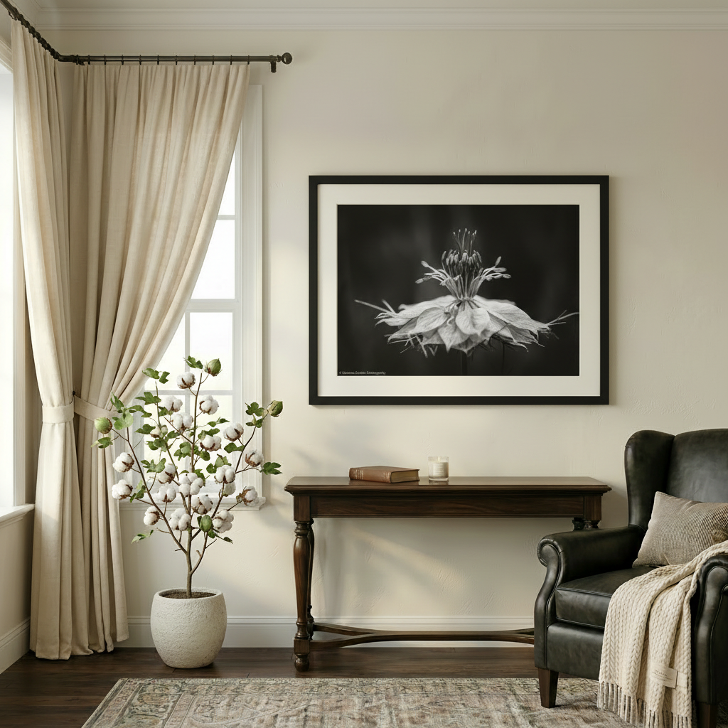Living room with a framed black and white artwork on the wall, a console table, and a chair.