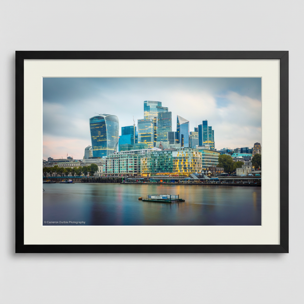 London skyline with modern skyscrapers and historic buildings — urban fine art print