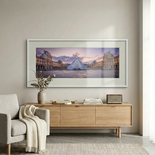 The Louvre museum architecture in Paris with courtyard perspective — fine art cityscape print